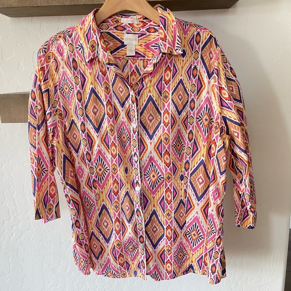 Chico’s| Boho Linen Long Sleeve Blouse, No-Iron Fabric—Size 2•••Lagenlook